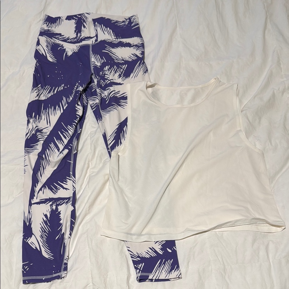 Fabletics White and Purple Palm Print Activewear Set